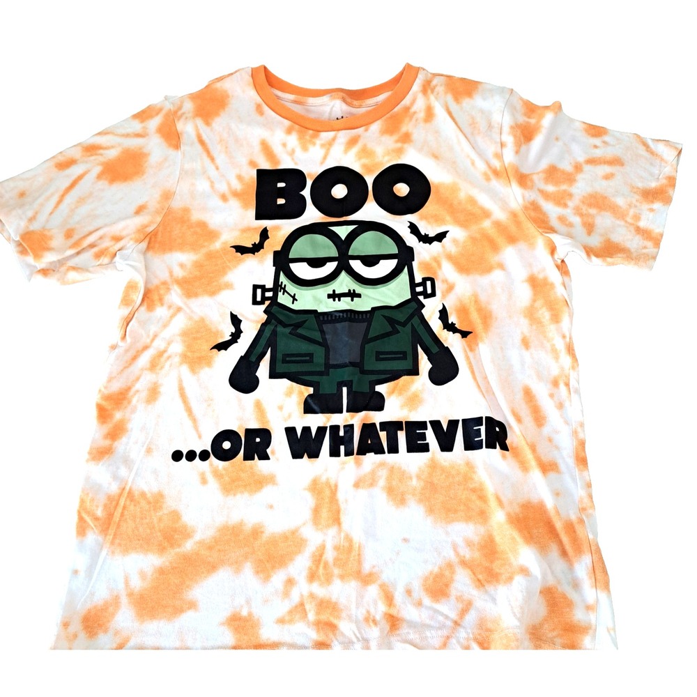 Minions Halloween T-shirt Kids XL 14-16 "Boo... Or‎ Whatever" Tie Dye Orange